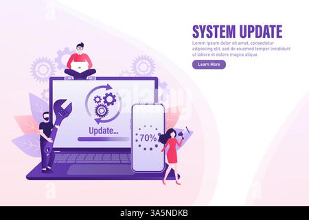 Cartoon-Software aktualisiert Menschen für das Design mobiler Apps. Abbildung des isometrischen Vektors. Design mobiler Anwendungen. Illustration des Technologienetzwerks Stock Vektor