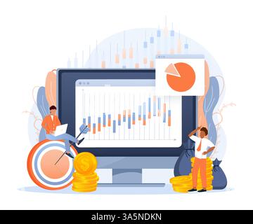 Finanzhandelsbanner in flacher Form. Kapitalhandel an der Börse. Investitionsdiagramm unter Verwendung von Finanzierungsgeschäften auf einem Laptop. Vektorabbildung Stock Vektor