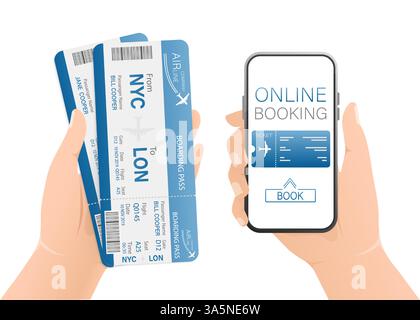Flugtickets online mit Händen und Smartphone im flachen Stil. Isolierte Vektordarstellung. Stock Vektor