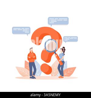 Fragen Sie Personen zum Design der Landing-Page. Illustration des flachen Vektors. Menschen kommunizieren. Vektorabbildung. Stock Vektor