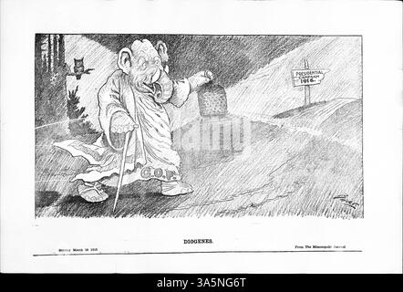 Der politische Zeichentrick zeigt den GOP-Elefanten, der in einer Toga gekleidet ist und eine Lampe hält, und symbolisiert Diogenes, den Philosophen, der Athen auf der Suche nach einem ehrlichen Mann durchwanderte. Er zeigt auf humorvolle Weise die Suche der Republikanischen Partei nach einem geeigneten Kandidaten für die Präsidentschaftswahlen 1916. Stockfoto