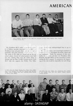 Die Ausgabe 1952 des „Wahian“ Jahrbuchs zeigt Studentenporträts, Lehrkörper-Mitglieder und verschiedene Schulveranstaltungen, darunter Sportwettbewerbe und Clubaktivitäten. Stockfoto
