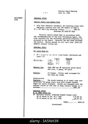 1960 Minuten vom Verwaltungsrat der Minneapolis Public Library entfernt, detaillierte Informationen über die Finanzierung der Bibliothek, Richtlinien und operative Entscheidungen. Stockfoto