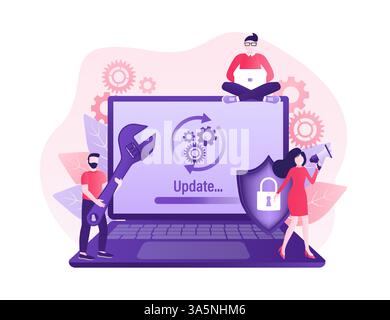 Cartoon-Software aktualisiert Menschen für das Design mobiler Apps. Abbildung des isometrischen Vektors. Design mobiler Anwendungen. Illustration des Technologienetzwerks Stock Vektor