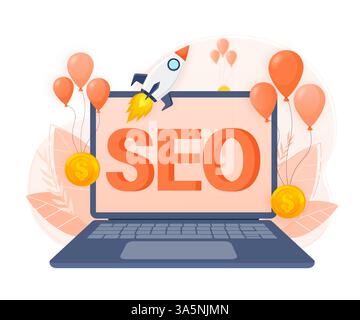 SEO-Optimierung, Webanalysen und seo-Marketing Social-Media-Konzept. Analyse und Überwachung von Geschäftsmitarbeitern auf dem Dashboard-Monitor für Webberichte Stock Vektor