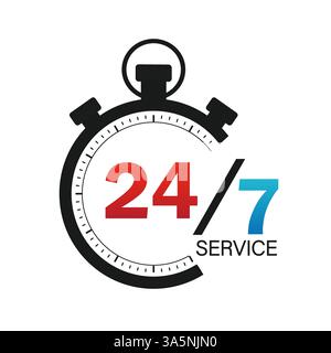 24/7 Symbol auf weißem Hintergrund. Pfeilvektorsymbol. Kundendienst. Vektorlogo. Rundes Logo. Stock Vektor