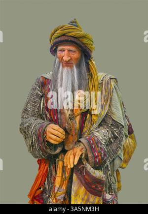 SAMARKAND, USBEKISTAN - 18. September 2024 - Porträt eines weisen alten Mannes, der bunt traditionelle Kleidung trägt und einen Holzstock hält. , Samarkand, Uzbekis Stockfoto