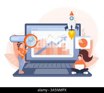 SEO-Optimierung, Webanalysen und seo-Marketing Social-Media-Konzept. Analyse und Überwachung von Geschäftsmitarbeitern auf dem Dashboard-Monitor für Webberichte Stock Vektor