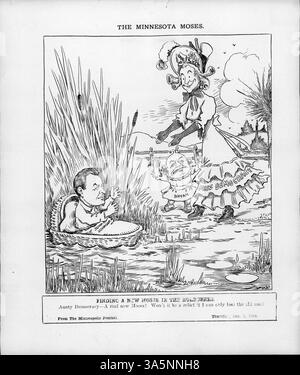 Eine Szene aus einem politischen Cartoon in Minnesota, in dem Miss Democracy und Baby William Jennings Bryan John A. Johnson in einem Korb entdecken, was die wachsende Unterstützung für seine Präsidentschaftskandidatur symbolisiert, wie die Minneapolis Tribune 1904 berichtete. Stockfoto