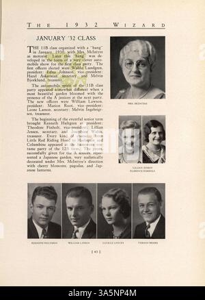 Diese Ausgabe des Wizard Jahrbuchs von der Edison High School aus dem Jahr 1932 erfasst wichtige Momente und Meilensteine aus dem Schuljahr, darunter Schülerporträts, Mitglieder der Fakultät und sportliche Leistungen. Stockfoto