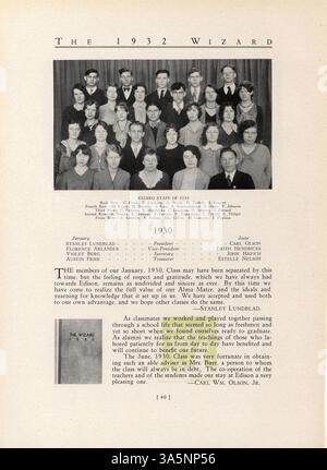 Diese Ausgabe 1932 des Wizard Jahrbuchs enthält Porträts und Highlights aus dem Schuljahr 1931-1932 und zeigt Schüler, Lehrer, Vereine und Sportteams der Edison High School in Minneapolis. Stockfoto