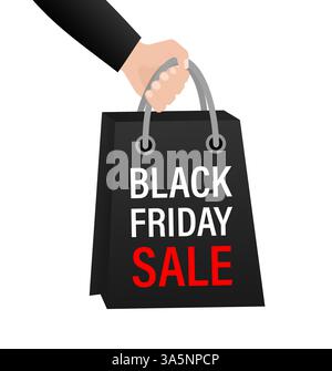 Black friday-Angebotspaket mit Hand auf weißem Hintergrund. Weißer Hintergrund. 3D-Abbildung. Vektorabbildung. Stock Vektor