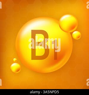 Vitamin B1 Gold glänzende Pille Capcule Icon. Pille Capcule Vektor Illustration auf gelbem isolierten Hintergrund Stock Vektor