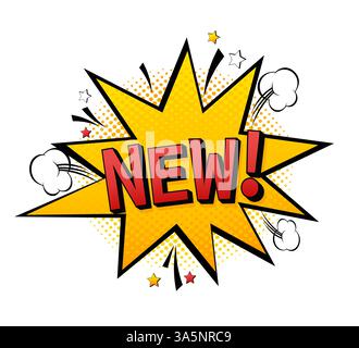 Illustration im Pop-Art-Stil mit neuem Schild. Pop-Art-Stil. Logo, Etikett Stock Vektor