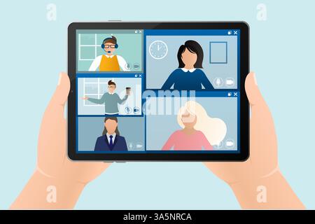 Flache Abbildung. Videokonferenz. Videoanrufe zwischen Freunden, Online-Chats über mobile App. Zu Hause bleiben, arbeiten, ferngesteuert kommunizieren. Vektor Stock Vektor