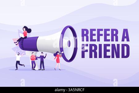 Flaches Symbol mit Megaphon, die Leute empfehlen einen Freund. Poster, Banner. Abbildung des flachen isometrischen Vektors. 3D-Vektordarstellung. Stock Vektor