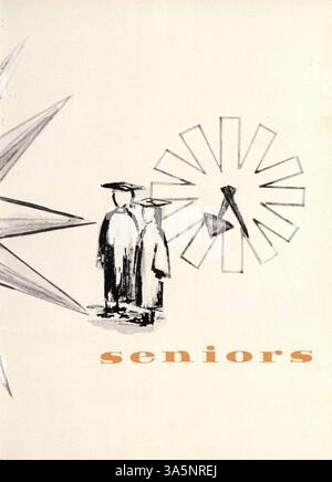 Dieses Jahrbuch der St. Louis Park High School 1958 mit dem Titel Echowan zeigt das Schuljahr 1957-1958 mit Fotos von Schülern, Dozenten, Clubs, Leichtathletik und besonderen Veranstaltungen, die das Jahr kennzeichneten. Stockfoto