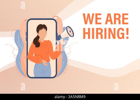 Frau, die in Megaphon brüllt. Wir stellen Wort ein. Vektorillustrationskonzept für Vorlage, Design, Web, mobile App, Poster, Banner, Flyer, Hintergrund. Stock Vektor