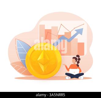 Ethereum-Münze im Cartoon-Stil mit Mädchencharakter, tolles Design für jeden Zweck. Kryptowährung, Kryptowährung Münze Stock Vektor