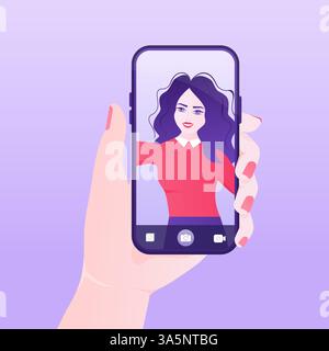 Mädchen, das Selfie für soziale Medien auf ihrem Smartphone macht. Selfie, tolles Design für jeden Zweck. Vektorgrafik des Smartphones. Flacher Vektor Stock Vektor