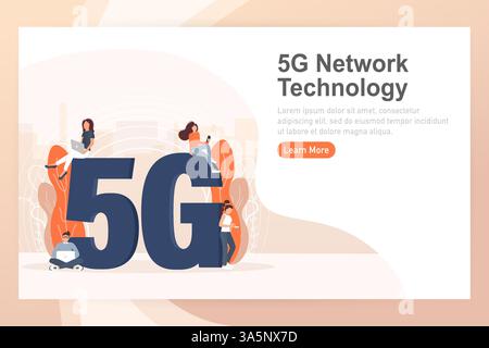 Flache 5 g Personen auf hellem Hintergrund. Digitale Kommunikation. Internet-Technologie. Stock Vektor