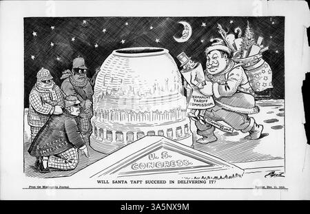 Eine satirische Illustration aus der Minneapolis Morning Tribune vom 11. Dezember 1911, in der Präsident Taft als Weihnachtsmann dargestellt wird und Geschenke überbringt, die politische Fragen symbolisieren, einschließlich der Schaffung einer Ständigen Tarifkommission. Stockfoto