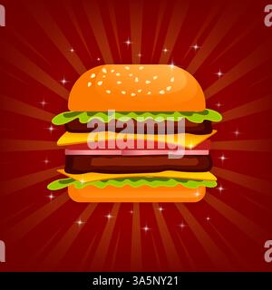 Burger im Cartoon-Stil. Nahaufnahme für Werbedesign. Abstrakter Hintergrund. Logo-Design. Fastfood. Stock Vektor