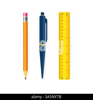 Schulbedarf in flachem Stil isoliert auf weißem Hintergrund. Vektorabbildung. Stock Vektor