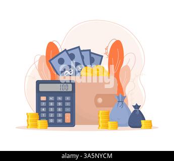 Budgetverwaltung. Persönliche Finanzkontrolle. Budgetplanung, Datensatzverwaltung, Metaphern für Cashflow-Rechnungen. Stock Vektor