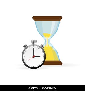 Sanduhr- und analoge Uhrensymbole in flachem Stil, sandglas-Timer auf weißem Hintergrund. Vektorentwurzelemente. Stock Vektor