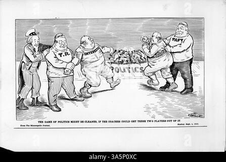 Der Cartoon zeigt Theodore Roosevelt und Präsident Taft als Fußballtrainer, die am Rande stehen und zwei Spieler überwachen, die politische Themen wie Interessen und Zölle in einem metaphorischen Spiel der Politik symbolisieren. Stockfoto