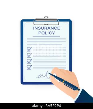 Flache Illustration mit Versicherungspolice für das Berichtsdesign. Abbildung des isometrischen Vektors. Geschäftskonzept. Datensicherheit. Stock Vektor