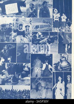 Das Jahrbuch „Edison Wizard“ der Edison High School dokumentiert wichtige Momente des Schuljahres 1974-1975, darunter Schüler, Lehrer, Leichtathletik, Clubs, und afroamerikanische Geschichte. Stockfoto