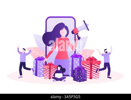 Empfehlen Sie einen Freund. Banner für das Design mobiler Apps. Vektorgrafik des Smartphones. Vektorillustration einladen. Stock Vektor