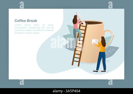 Schwarze Kaffeepausen mit 3D-Charakter für Lifestyle-Design. Zeichentrickfigur. Kaffeepause Leute, tolles Design für jeden Zweck. Stock Vektor