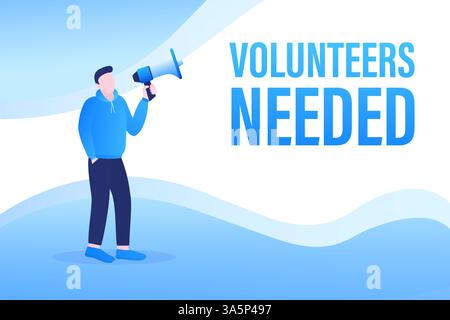 Vorlage mit blauen Freiwilligen brauchte Mann mit Megaphon auf weißem Hintergrund für Flyer Design. Vektorabbildung in abgewickelter Form. Stock Vektor