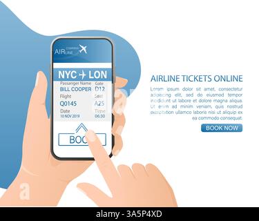 Flugtickets online mit Händen und Smartphone im flachen Stil. Isolierte Vektordarstellung. Stock Vektor