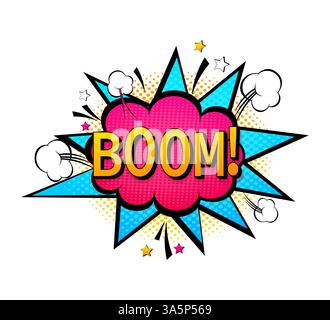 Bumm Pop-Illustration im Retro-Stil auf farbigem Hintergrund. Vektorzeichnung. Zeichentrickzeichnung Stock Vektor