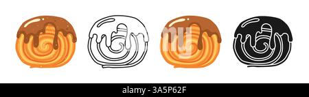 Rundes Croissant mit Schokoladencreme-Glasur. Italienische oder französische trendige Brötchenbäckerei verschiedene Stile umrahmen Silhouette gezeichnetes Zeichentrickset. Für Bäckerei Branding, Menü Rezeptbuch Gebäck texturierten Vektor Stock Vektor