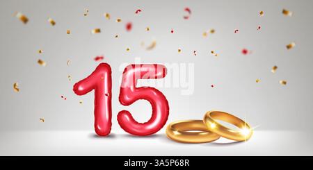 Eine rote Nummer 15 in Form eines Ballons mit zwei goldenen Eheringen, die die Feier des 15. Hochzeitstages symbolisieren, umgeben von Stock Vektor