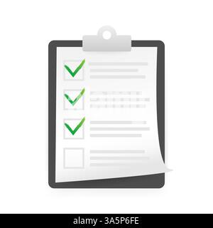 Checkliste in abgewickelter Ausführung. Abbildung des Vektormaterials. Häkchen-Symbol. Abbildung mit flachem Design. Checklistendokument. Stock Vektor