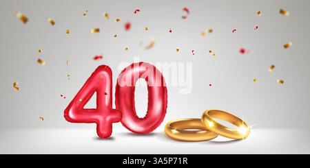 Eine rote Nummer 40 in Form eines Ballons mit zwei goldenen Eheringen, die die Feier des 40. Hochzeitstages symbolisieren, umgeben von Stock Vektor