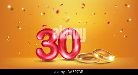 Eine rote Nummer 30 in Form eines Ballons mit zwei goldenen Eheringen, die die Feier des dreißigsten Hochzeitstages symbolisieren, umgeben von Stock Vektor