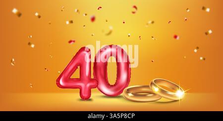Eine rote Nummer 40 in Form eines Ballons mit zwei goldenen Eheringen, die die Feier des 40. Hochzeitstages symbolisieren, umgeben von Stock Vektor