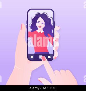 Mädchen, das Selfie für soziale Medien auf ihrem Smartphone macht. Selfie, tolles Design für jeden Zweck. Vektorgrafik des Smartphones. Flacher Vektor Stock Vektor