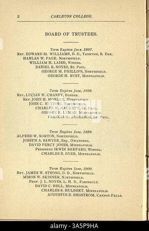 Der Katalog 1896-1897 vom Carleton College enthält detaillierte Informationen zu akademischen Kursen, Lehrkräften, Studierenden und der Geschichte der Institution. Stockfoto