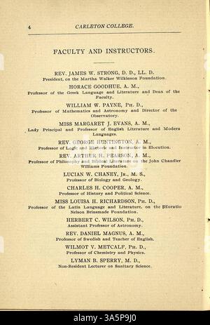 Dieser Katalog 1896-1897 für das Carleton College enthält Kurse, Dozenten und Studenten und bietet eine institutionelle Geschichte mit zusätzlichen Details zu Zulassungen und Abteilungsangeboten. Stockfoto