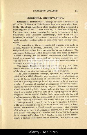 Dieser akademische Katalog des Carleton College für das Jahr 1896-1897 enthält Informationen zu Kursen, Dozenten, Studierenden sowie Geschichte und akademischer Struktur der Institution. Stockfoto