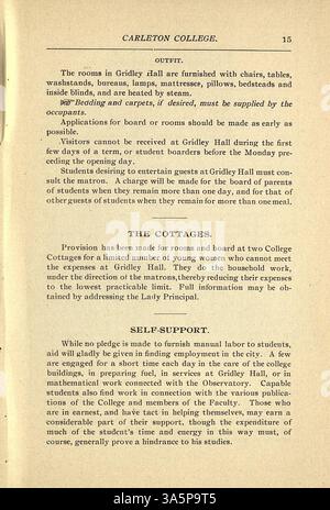 Der Katalog des Carleton College von 1896-1897 präsentiert die akademischen Programme, die Fakultäten, die Studentenliste, die Zulassungsrichtlinien und einen historischen Überblick über die Institution. Stockfoto