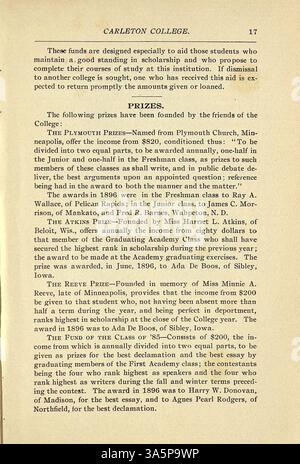 Dieser akademische Katalog des Carleton College für 1896-1897 enthält Studiengänge, Fakultäten, Studenten, historische Skizzen und wichtige institutionelle Details. Stockfoto